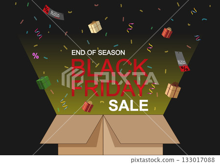 Opened gift box emitting bright light, Black Friday special offer. Opened gift box emitting bright light, Black Friday special offer. 133017088