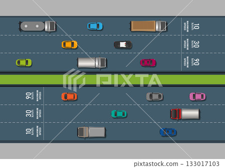 Aerial or top down view of a road with a painted speed limit sign. 133017103