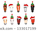Set of horses in Christmas hats, faces Set of horses in Christmas hats, faces 133017199