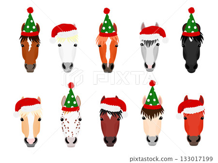 一群戴著聖誕帽的馬,臉 一群戴著聖誕帽的馬,臉 133017199