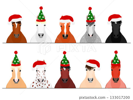 Set of horses in Christmas hats, upper body 133017200