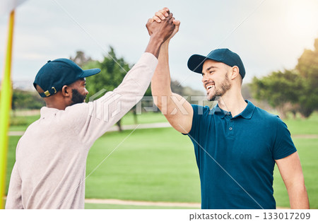 Man, friends and high five on golf course for sports, partnership or trust on grass field together. Happy sporty men shaking hands in air for collaboration, good match or game in competition outdoors 133017209
