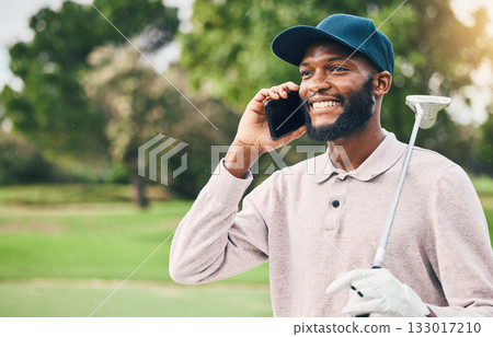 Black man, phone call and communication on golf course for sports conversation or discussion outdoors. Happy African male smiling and talking on smartphone while golfing for sport hobby in nature 133017210