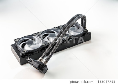 Advanced Computer Cooling System with Radiator and Fans for High-Performance PCs, Isolated 133017253