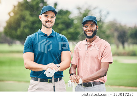 Golf, sports and portrait of men with smile on course for game, practice and training for competition. Professional golfer, relax and happy friends ready for exercise, fitness activity and golfing Golf, sports and portrait of men with smile on course for game, practice and training for competition. Professional golfer, relax and happy friends ready for exercise, fitness activity and golfing 133017255