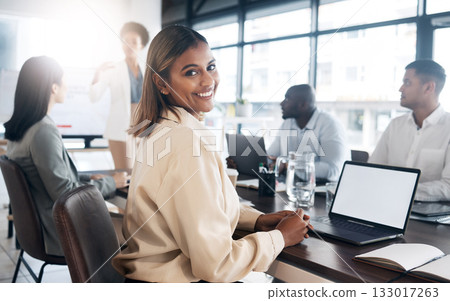 Business woman in portrait in office meeting with career mindset for online planning on laptop screen mockup for workshop. Face of professional indian person or employee on computer in job conference 133017263