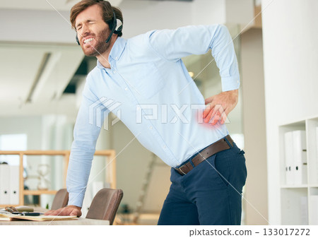 Back pain, customer support consultant and business man with medical problem, hurt spine or emergency crisis. Backache, call center and telemarketing person with muscle strain, accident and injury Back pain, customer support consultant and business man with medical problem, hurt spine or emergency crisis. Backache, call center and telemarketing person with muscle strain, accident and injury 133017272