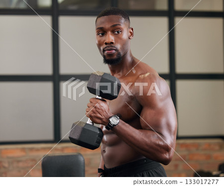 Black man, weights training and gym fitness of a athlete doing power lifting for exercise. Sport workout, bodybuilding and African American male with strong arms, wellness and health exercising 133017277