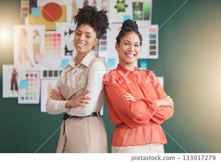 Happy portrait, fashion or designer women in workshop studio for motivation, leadership or fabric industry. Small business, startup or proud creative employees smiling in luxury boutique together Happy portrait, fashion or designer women in workshop studio for motivation, leadership or fabric industry. Small business, startup or proud creative employees smiling in luxury boutique together 133017279