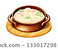 Chicken cream stew served in a bowl with a moon-shaped handle, with a base plate 133017298