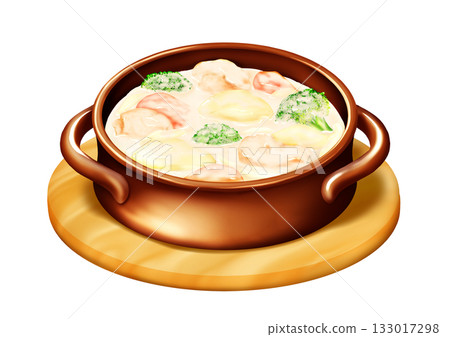 Chicken cream stew served in a bowl with a moon-shaped handle, with a base plate 133017298