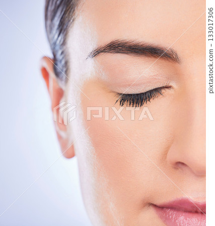 Closeup, beauty and woman with skincare, organic facial and treatment on studio background. Zoom, female or lady with cosmetics, half face and dermatology with grooming, morning routine or soft skin 133017306