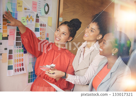 Teamwork, board or fashion meeting for planning clothing, new colors or boutique clothes in collaboration together. Happy, women or creative designers speaking or working on group ideas or strategy Teamwork, board or fashion meeting for planning clothing, new colors or boutique clothes in collaboration together. Happy, women or creative designers speaking or working on group ideas or strategy 133017321