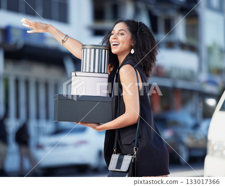 Black woman, gift boxes and present box of a customer hail taxi outdoor in the city. Fashion sale, boutique and retail store promotion of a happy person done shopping and looking for transport Black woman, gift boxes and present box of a customer hail taxi outdoor in the city. Fashion sale, boutique and retail store promotion of a happy person done shopping and looking for transport 133017366
