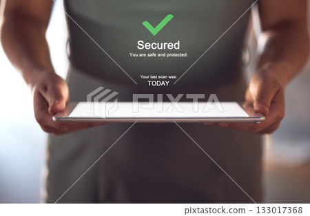 Hands, antivirus and tablet software update, man and screen mockup with firewall upgrade and safety from hacker. Data protection plan, information technology and digital security, virus free device 133017368