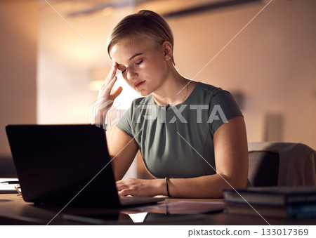 Work stress, headache and business woman with office computer at night with project deadline. Working in dark, anxiety and burnout of corporate worker with a laptop problem and glitch feeling fatigue Work stress, headache and business woman with office computer at night with project deadline. Working in dark, anxiety and burnout of corporate worker with a laptop problem and glitch feeling fatigue 133017369