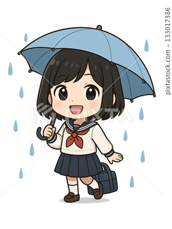 一位身穿水手服的高中女生把書包留在雨中，撐著傘，微笑著等待著某人。 133017386