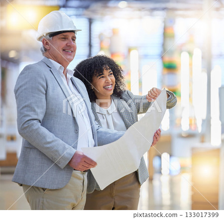 Man, woman and smile for construction, blueprint development and planning building design. Happy team, diversity and engineering collaboration for project management, infrastructure and architecture Man, woman and smile for construction, blueprint development and planning building design. Happy team, diversity and engineering collaboration for project management, infrastructure and architecture 133017399