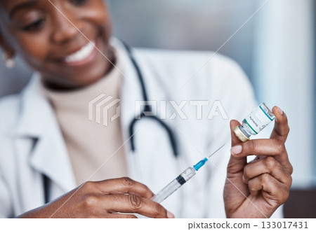 Monkeypox healthcare, vaccine needle and doctor nurse with medicine bottle, medical vial or booster injection. Disease safety, pharmacy pharmacist and happy black woman with hospital virus treatment Monkeypox healthcare, vaccine needle and doctor nurse with medicine bottle, medical vial or booster injection. Disease safety, pharmacy pharmacist and happy black woman with hospital virus treatment 133017431