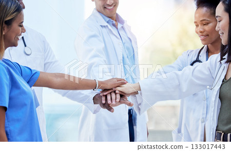 Community, teamwork and medical with hands of doctors for support, diversity and solidarity. Healthcare, synergy and stack with group of people for mission, medicine and motivation in hospital 133017443