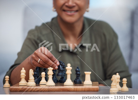 Strategy, moving and thinking with old woman and chess for challenge, competition and mental exercise. Relax, problem solving and smart with senior lady at home for board games, checkmate or contest Strategy, moving and thinking with old woman and chess for challenge, competition and mental exercise. Relax, problem solving and smart with senior lady at home for board games, checkmate or contest 133017463