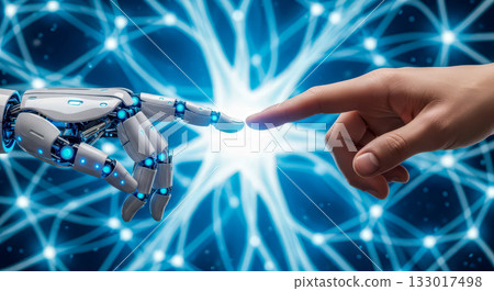 Artificial intelligence and humanity connection concept with robot and human hand touching, representing future of technology, partnership and digital transformation on neural network background 133017498