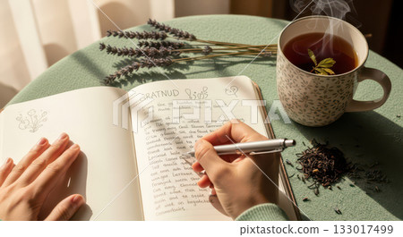 Mindfulness and self-care concept with person writing in journal, woman enjoying quiet morning routine with cup of herbal tea for relaxation and planning 133017499