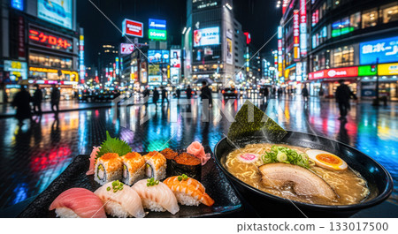 Japanese food and travel to Tokyo concept with sushi and ramen, delicious asian cuisine with vibrant city street and neon lights at night 133017500