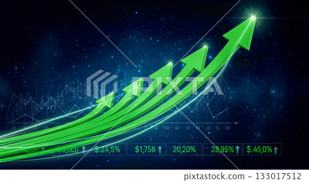 Financial growth concept, green arrows up, stock market chart, business success, investment profit, economy increase, trading data analytics, futuristic space background Financial growth concept, green arrows up, stock market chart, business success, investment profit, economy increase, trading data analytics, futuristic space background 133017512