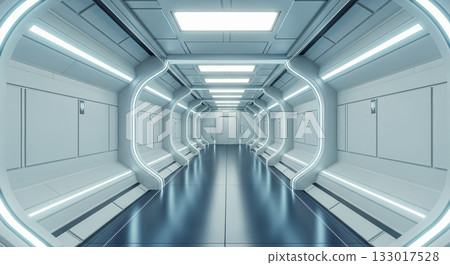 Futuristic white corridor, spaceship interior, sci-fi abstract background, 3D render, technology, modern architecture, empty clean room, light, tunnel Futuristic white corridor, spaceship interior, sci-fi abstract background, 3D render, technology, modern architecture, empty clean room, light, tunnel 133017528