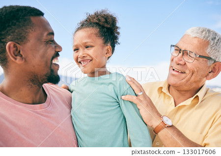 Beach, grandfather and dad with child on holiday in South Africa with love, happiness and fun. Travel, happy black family and smile on summer vacation for men and kid bonding together for fathers day 133017606