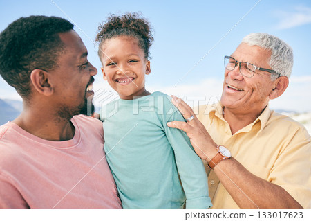 Generations, grandfather and dad with child on beach holiday in South Africa with love, happiness and freedom. Travel, happy black family and smile on summer vacation for men and kid bonding together 133017623