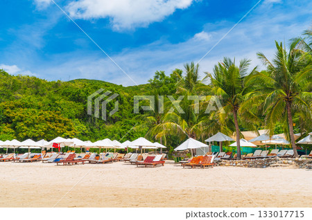 luxury resort with sun beds and umbrellas under palm trees on beach by the sea in summer. Landscape with view of shore coast by the ocean. Tropical island beach. Travel vacation destination in Asia luxury resort with sun beds and umbrellas under palm trees on beach by the sea in summer. Landscape with view of shore coast by the ocean. Tropical island beach. Travel vacation destination in Asia 133017715