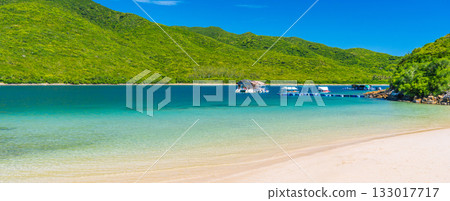 sandy beach in bay by the sea in summer. A tropical luxury resort on an island for relaxing trip. Panorama landscape with exotic ocean view 133017717