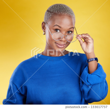 Face, black woman and glasses for vision, fashion and casual outfit against a studio background. Portrait, African American female and lady with spectacles, eyewear and clear sight with confidence Face, black woman and glasses for vision, fashion and casual outfit against a studio background. Portrait, African American female and lady with spectacles, eyewear and clear sight with confidence 133017737