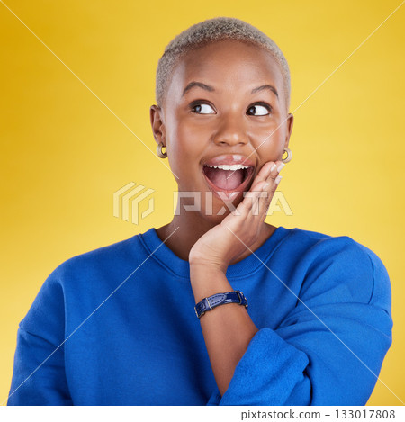 Wow, thinking and eureka with a black woman in studio on a yellow background looking thoughtful or surprised. Idea, wonder and aha with an attractive young female feeling shocked or contemplative Wow, thinking and eureka with a black woman in studio on a yellow background looking thoughtful or surprised. Idea, wonder and aha with an attractive young female feeling shocked or contemplative 133017808