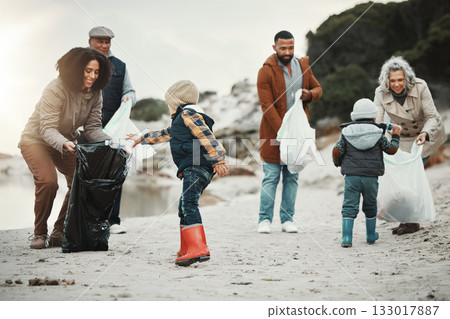 Garbage, beach cleaning and children, family or volunteering group in education, learning and community service. Grandparents, people and kids helping with plastic waste for pollution on earth day 133017887
