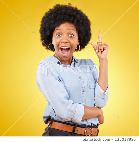 Portrait, eureka idea and black woman in studio isolated on a yellow background. Thinking, surprise wow and smile, happy or excited, beautiful and young African female with ideas or contemplating. Portrait, eureka idea and black woman in studio isolated on a yellow background. Thinking, surprise wow and smile, happy or excited, beautiful and young African female with ideas or contemplating. 133017956