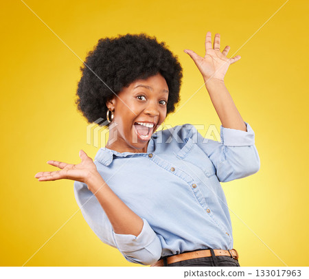 Surprise, excited hands and portrait of black woman on yellow background with energy, happiness and smile. Winner mockup, celebration and isolated happy girl for deal, retail sale and discount news Surprise, excited hands and portrait of black woman on yellow background with energy, happiness and smile. Winner mockup, celebration and isolated happy girl for deal, retail sale and discount news 133017963