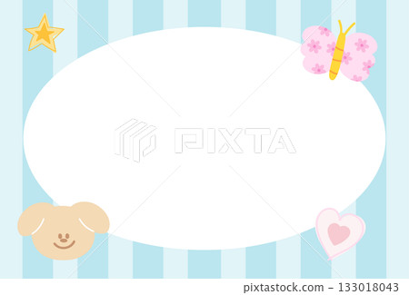 Rectangle frame with pastel blue stripe pattern, puppy, butterfly for school name tag, print, decoration, polaroid photo, ad template, social media post, poster, book cover design, notepad, animals Rectangle frame with pastel blue stripe pattern, puppy, butterfly for school name tag, print, decoration, polaroid photo, ad template, social media post, poster, book cover design, notepad, animals 133018043