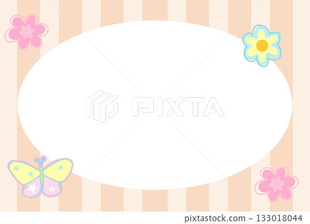 Rectangle frame with pastel orange stripe pattern, butterfly, flower for school name tag, print, decoration, polaroid photo, ad template, social media post, poster, book cover design, notepad, animals 133018044