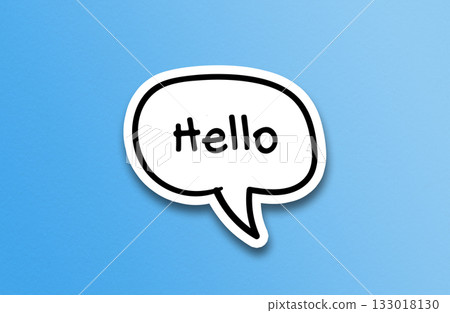 Hello text inside chat bubble on blue background, social interaction concept 133018130