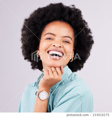 Happy, funny and portrait of black woman in studio for confidence, positive and empowerment. Happiness, laugh and elegant with face of female isolated on gray background for young, excited and pride Happy, funny and portrait of black woman in studio for confidence, positive and empowerment. Happiness, laugh and elegant with face of female isolated on gray background for young, excited and pride 133018175
