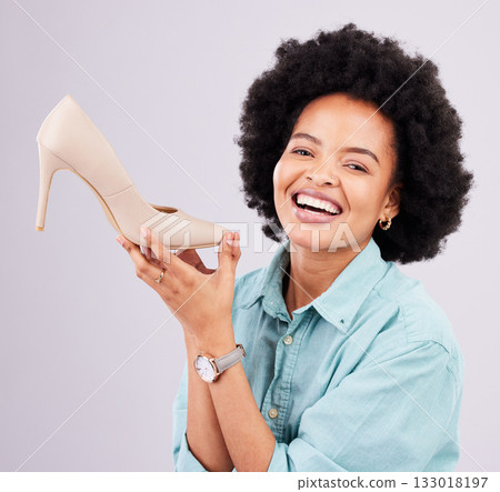High heel shoe, portrait of black woman with luxury sales product and retail designer fashion deal or mall store present. Shoes for sale, face of happy customer and shopping discount and gray backgro High heel shoe, portrait of black woman with luxury sales product and retail designer fashion deal or mall store present. Shoes for sale, face of happy customer and shopping discount and gray backgro 133018197