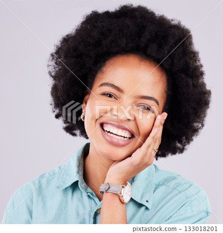 Studio, face portrait and afro black woman with beauty makeup, luxury cosmetics or facial skincare glow. Natural dermatology health, spa salon and happy aesthetic person isolated on grey background Studio, face portrait and afro black woman with beauty makeup, luxury cosmetics or facial skincare glow. Natural dermatology health, spa salon and happy aesthetic person isolated on grey background 133018201