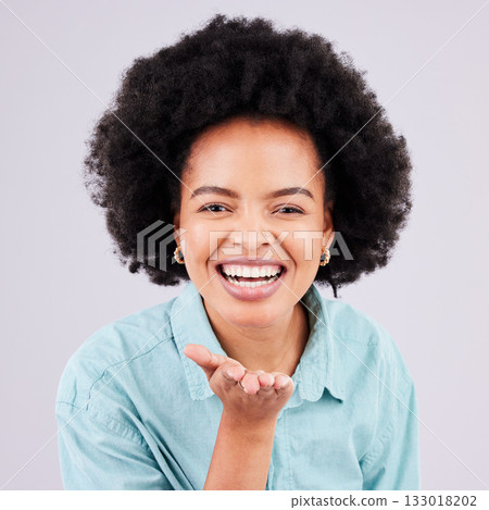 Happy, laughing and portrait of a black woman blowing kiss isolated on a white background in a studio. Laugh, smile and cheerful and beautiful African girl with a gesture for love, care and flirty Happy, laughing and portrait of a black woman blowing kiss isolated on a white background in a studio. Laugh, smile and cheerful and beautiful African girl with a gesture for love, care and flirty 133018202