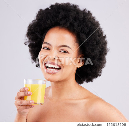 Orange juice, studio portrait and happy black woman with drink glass for hydration, liquid detox or weight loss beverage. Vitamin C benefits, female or person isolated on white background 133018206