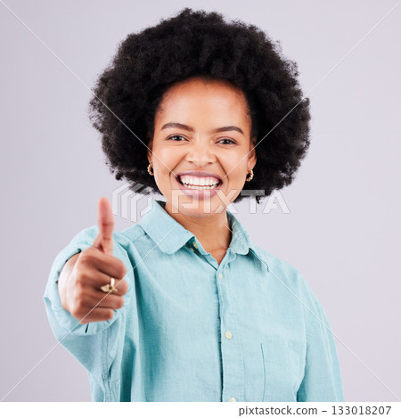 Thumbs up, face portrait and happy black woman with emoji gesture for congratulations, job well done or winner. Agreement, finished and studio with yes hand sign for success on white background 133018207