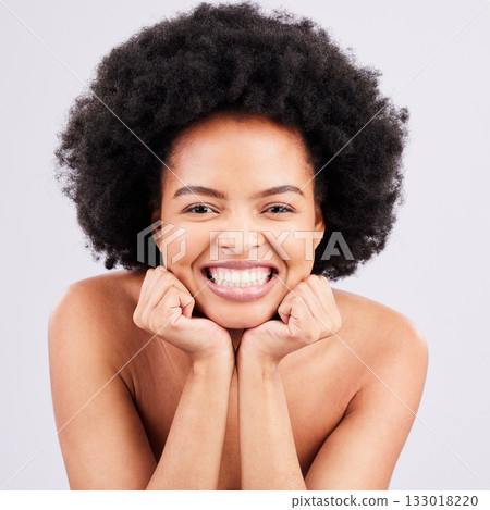 Skincare, hands and portrait of black woman in studio with natural, hair and cosmetics on grey background. Soft, portrait and girl model relax with haircare, body care or dermatology satisfaction Skincare, hands and portrait of black woman in studio with natural, hair and cosmetics on grey background. Soft, portrait and girl model relax with haircare, body care or dermatology satisfaction 133018220