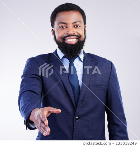 Handshake, offer of black man portrait isolated on gray background welcome, thank you or client partnership pov. Corporate person shake hands for business congratulations, deal or studio introduction Handshake, offer of black man portrait isolated on gray background welcome, thank you or client partnership pov. Corporate person shake hands for business congratulations, deal or studio introduction 133018249